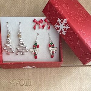 Vintage Avon Christmas Earrings Set 3 Pairs Bow Candy Cane Tree Gift Box